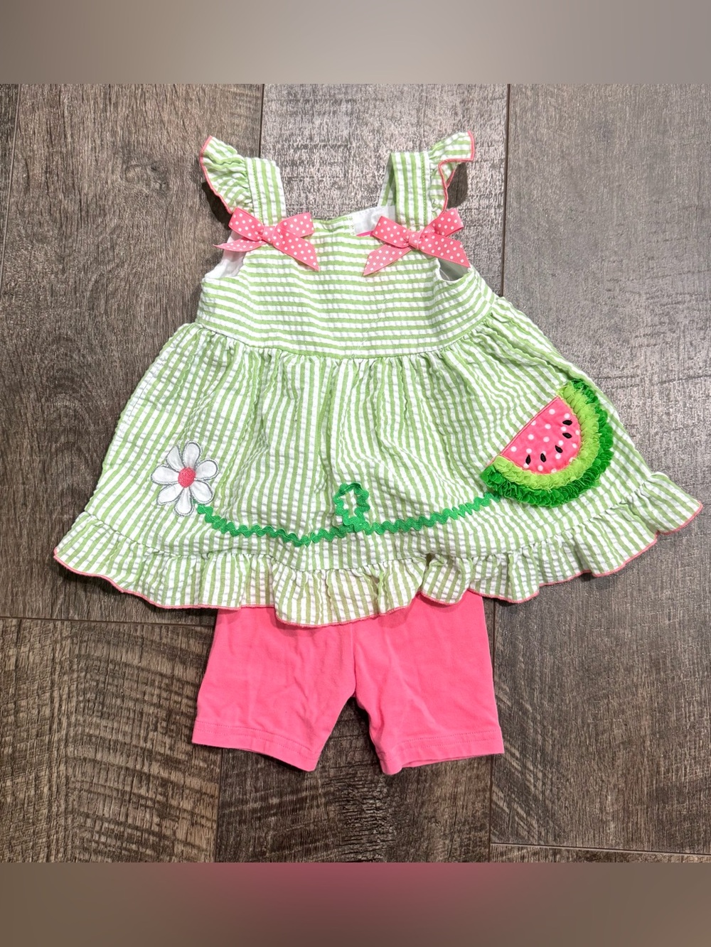 Baby Girl Seersucker 2 piece summer watermelon outfit • Green and Pink • 12m